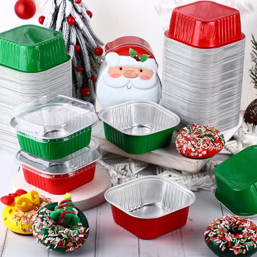 150 Pcs 10 oz Christmas Red & Green Mini Cake Pans with Lids Set