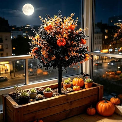 Halloween Solar Flower-Shaped Garden Stakes with Pumpkins & Eucalyptus Leaves