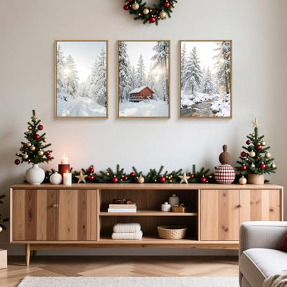 Christmas Winter Canvas Wall Art Set - Red Barn Snowy Forest Landscape 16x24 in - Farmhouse Cabin Decor with Framed Prints - Variation: Red Cabin in Snowy Forest