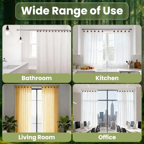 Wood Shower Curtain Hooks - Natural Beads Bathroom Rings - Brown 12 Pack