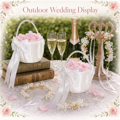Wedding Flower Girl Basket with Pearl Handle & Headpiece Ivory Set