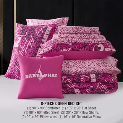 Baby Phat Tossed Logo 8-Piece Bed in a Bag Queen Pink - Reversible Bedding Set