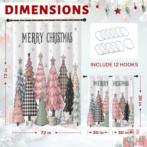 Pink Christmas Shower Curtain Set - Bathroom Decor with Window Curtains 72x72 Inches