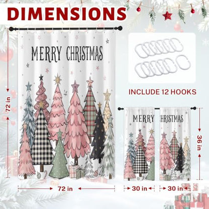 Pink Christmas Shower Curtain Set - Bathroom Decor with Window Curtains 72x72 Inches