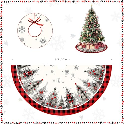 Christmas Tree Skirt 48 Inches Snowflake Rustic Plush Holiday Decor - Red