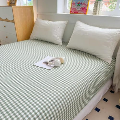 Green Gingham King Fitted Sheet Deep Pocket 16 Inch Washed Cotton Bedding