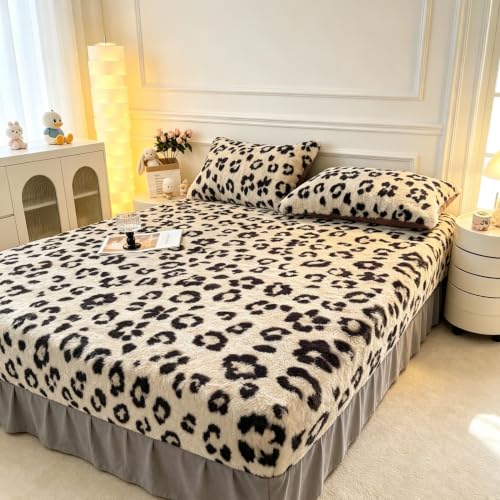Plush Shaggy Queen Fitted Sheet with Deep Pockets - Leopard Print Tan Variation of Queen