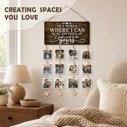 AWSICE Family Photo Frame Display with Clips & Sign Board - Dark Walnut