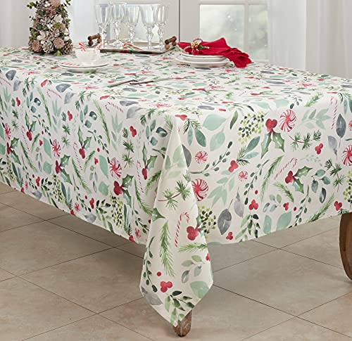 Christmas Foliage and Candy Canes Tablecloth 65x140 Inches - Holiday Decor