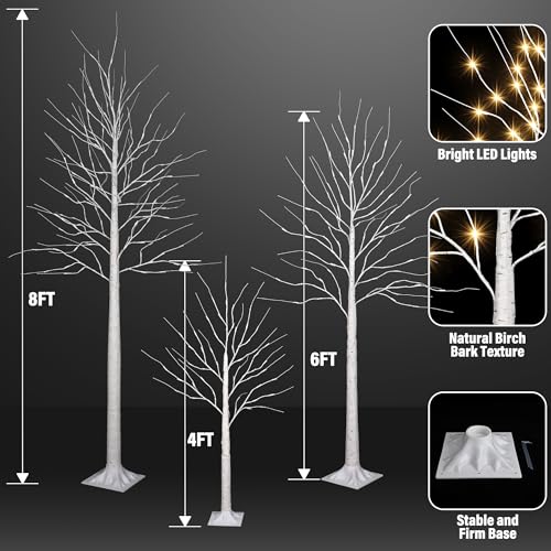 Artificial Birch Trees Set of 3 - 4FT, 6FT, 8FT Christmas Lights & Modes