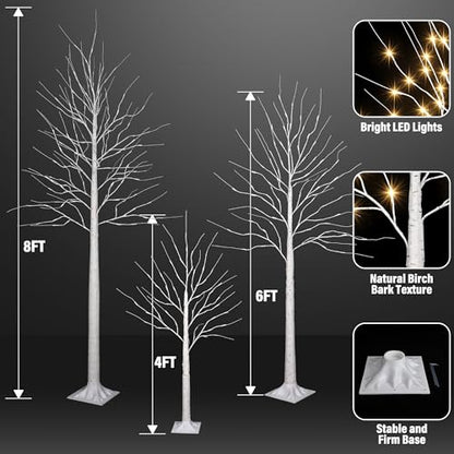 Artificial Birch Trees Set of 3 - 4FT, 6FT, 8FT Christmas Lights & Modes