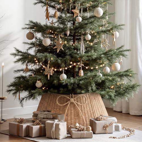 28 Inch Christmas Tree Collar Wicker Tree Skirt Stand Base - Rustic Woven Decor