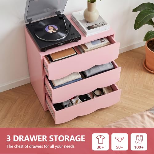 3-Drawer Dresser for Bedroom in Pink - Wave Front, 23.6" W x 13.8" D x 28.7" H, Wooden Storage Chest