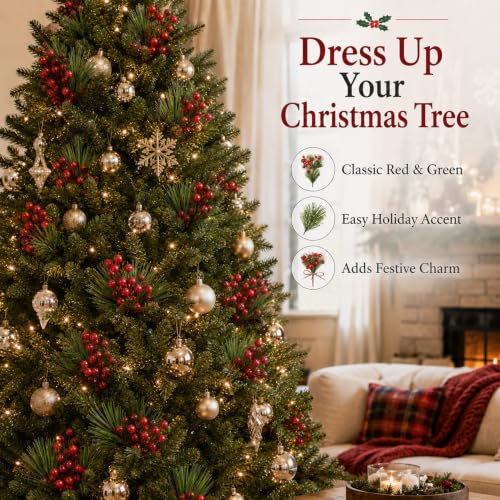 Holly Berry Stems - 96 Artificial Christmas Greenery Picks for Crafts