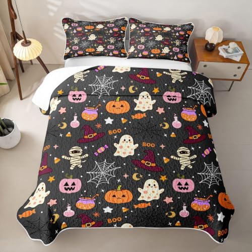 Ghost Boo Queen Size Halloween Quilt Set - Pumpkin Lantern & Skeleton Bedding