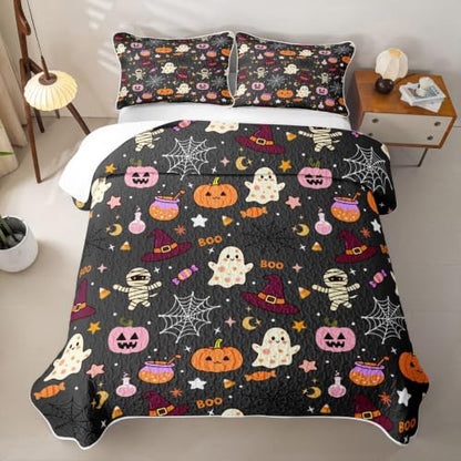 Ghost Boo Queen Size Halloween Quilt Set - Pumpkin Lantern & Skeleton Bedding