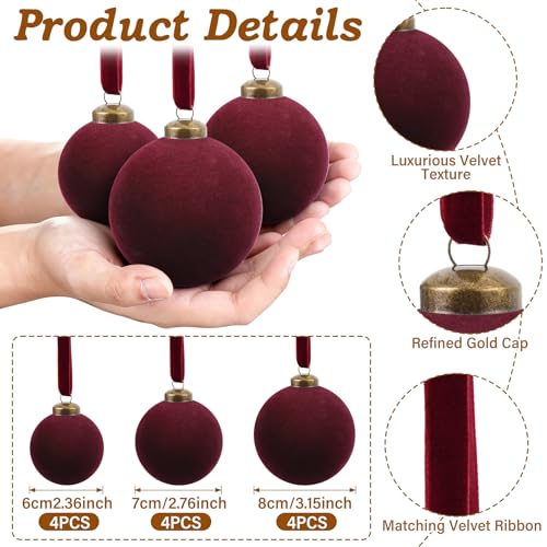 Burgundy Velvet Christmas Ornaments - Set of 12 Flocked Holiday Decor