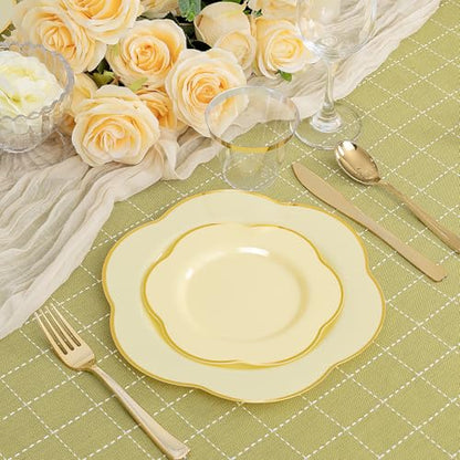 Yellow Plastic Plates Set with Gold Accents - Floral Style 50PCS for Parties & Events