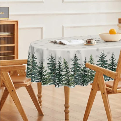 Horaldaily Christmas Tablecloth 60 x 84 Inch Oval Snow Trees White - Holiday Decor