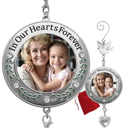 Memorial Christmas Photo Ornaments Set of 4 - Heartfelt Keepsakes for 2026 - Clear Gems & Floral Accents - Includes Gift Bags - 3" Diameter