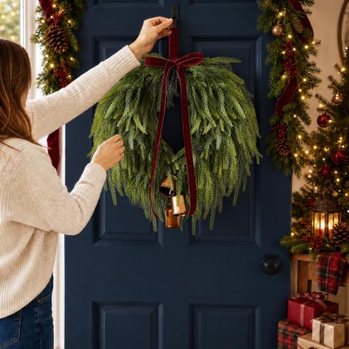 24 Inch Christmas Wreath with Burgundy Bow Bells for Front Door - Red