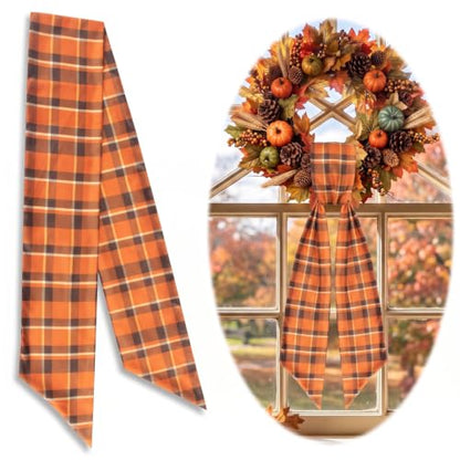 Fall Wreath Sash Orange Black Plaid Ribbon Bow for Front Door - 5x55.91 inches