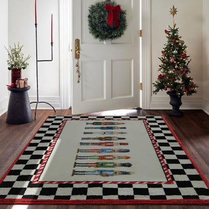 Christmas Nutcracker Rug 5x7 Black and White Washable Vintage Checkered Holiday Carpet
