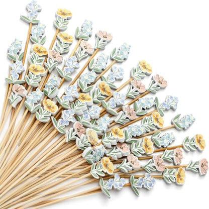 100PCS Floral Design Cocktail Picks for Fruit & Snacks - Bamboo Toothpicks