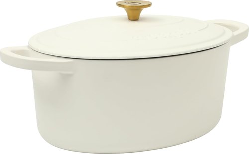 Crock Pot Artisan 7-Quart Oval Dutch Oven - Enameled Cast Iron in Linen White with Gold Knob | Heavy-Duty Cookware for Baking & Roasting