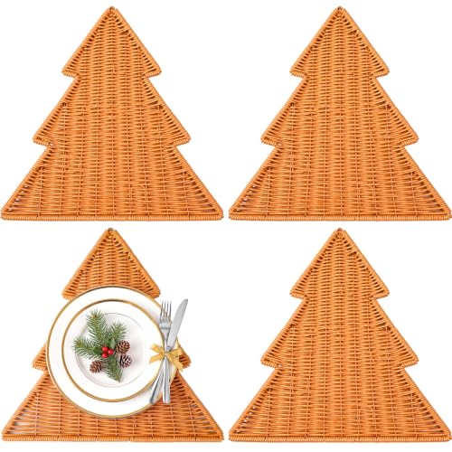 Brown Christmas Tree Placemats Set of 4 - Rattan Woven Holiday Table Decor