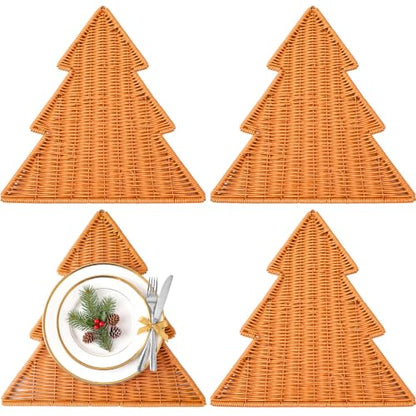 Brown Christmas Tree Placemats Set of 4 - Rattan Woven Holiday Table Decor