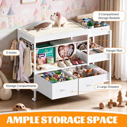 Baby Changing Table with Storage and Locking Wheels - White Nursery Organizer