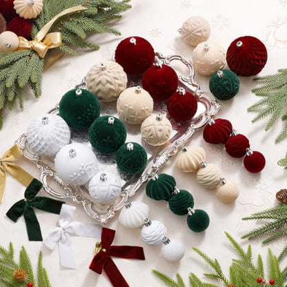 Velvet Christmas Tree Balls Ornament Set - Red, Green, White, Gold, 80pcs