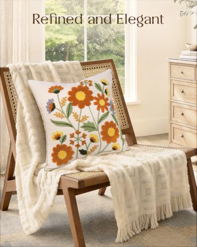 Fall Blossom Embroidered Cotton Throw Pillow Cover 18x18 Inch - MuseHaus