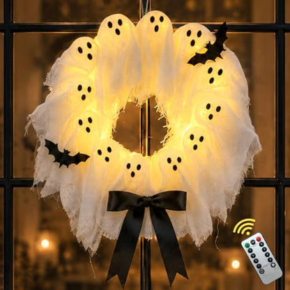 Lighted Halloween Ghost Wreath for Front Door with Timer & 8 Modes