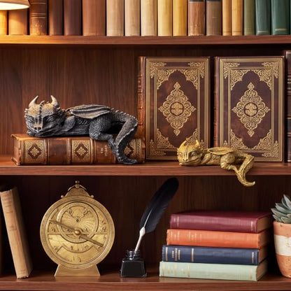 Sleeping Dragon Bookend Set - Fantasy Black & Gold Mythical Decor