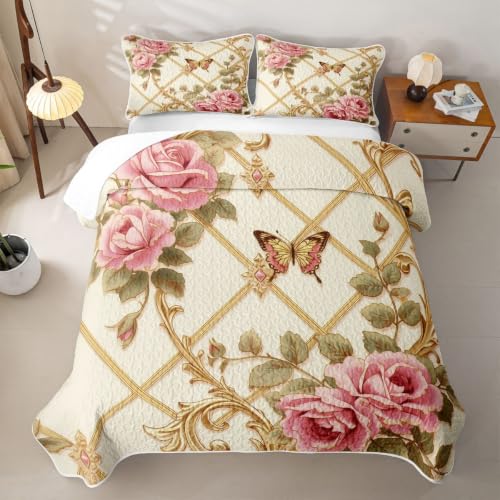 Erosebridal Rose Quilt King - Gold, Large Bed Size, All-Season Lightweight Bedding