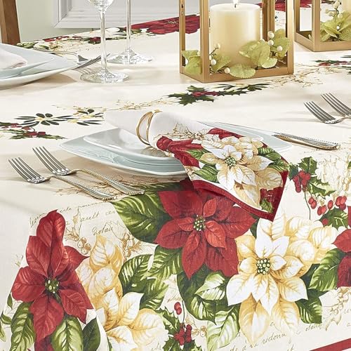 17x17 Inch Christmas Poinsettia Napkin Set - Red & White Holiday Fabric Dinner Napkins, Set of 4