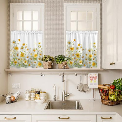 Yellow White Daisy Kitchen Curtains Set - Small 24 Inch Length, Farmhouse Style, Rod Pocket Window Tiers and Valance - Pack of 3