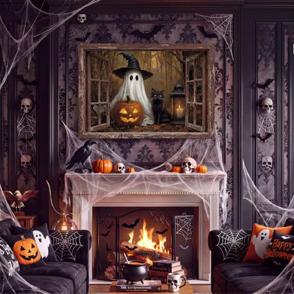 Halloween Oil Painting Canvas Wall Art 48 x 32 in - Classic Haunted Scene with Gilded Frame - Spooky Home Decor