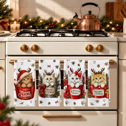 4 Pcs Reusable Cat Christmas Kitchen Towels - Cute Holiday Hand Towels, Multi 1834