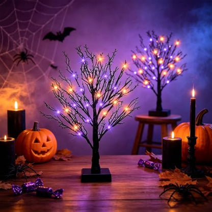 Orange Purple 2-Pack 24-Inch Black Halloween Trees with LED Lights & Timer