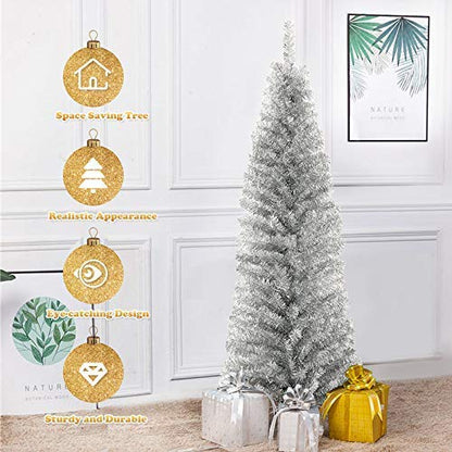 Artificial Pencil Christmas Tree, Electroplated Premium Slim Tree, Xmas Decor for Indoor and Outdoor, Suitable for Office, Store and Home (Silver, 6FT)