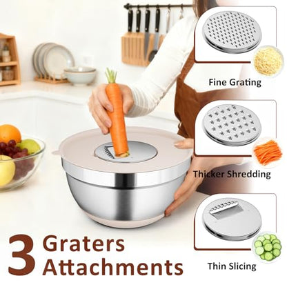 Khaki 9 Pack Mixing Bowls with Airtight Lids & Grater Attachments