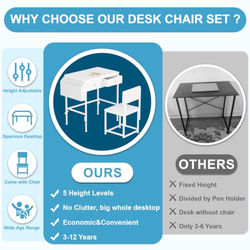 Height Adjustable Kids Desk and Chair Set for 3-12 Years - Study Table with Storage