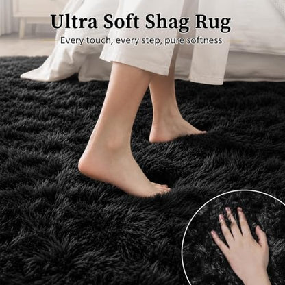 8x10 Black Fluffy Shag Area Rug - Washable, Non-Slip Bedroom Living Room