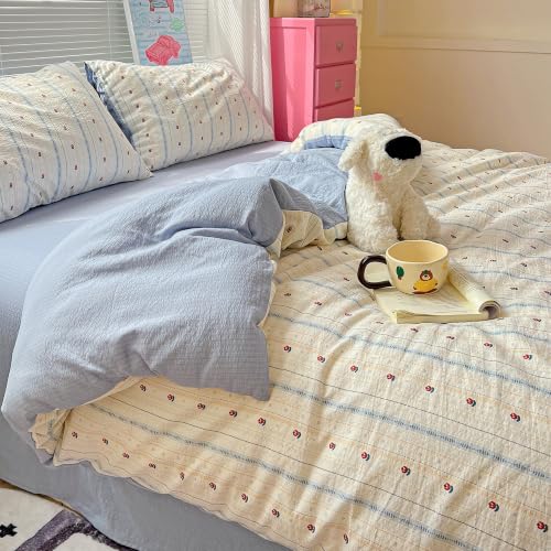 Reversible Blue & White Tulip Floral Duvet Cover Queen Size 90x90 with Pillowcases