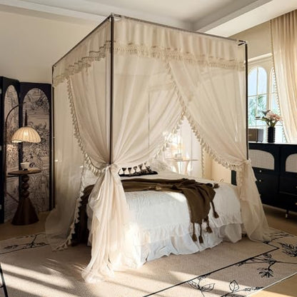 Canopy Bed Curtains with Bohemian Tassel Pendant Cotton Yarn - Beige / 1.5x2M
