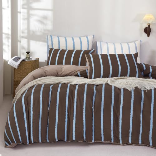 BEDAZZLED Queen Comforter Set with Removable Duvet Cover - Wide Stripes Brown Blue