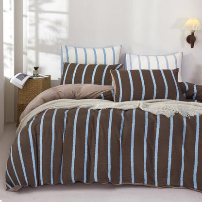 BEDAZZLED Queen Comforter Set with Removable Duvet Cover - Wide Stripes Brown Blue